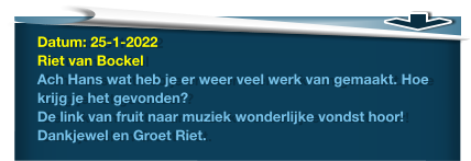 Datum: 25-1-2022Riet van BockelAch Hans wat heb je er weer veel werk van gemaakt. Hoe krijg je het gevonden? De link van fruit naar muziek wonderlijke vondst hoor! Dankjewel en Groet Riet.