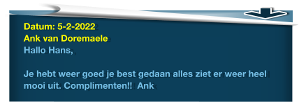 Datum: 5-2-2022Ank van DoremaeleHallo Hans,  Je hebt weer goed je best gedaan alles ziet er weer heel mooi uit. Complimenten!!  Ank